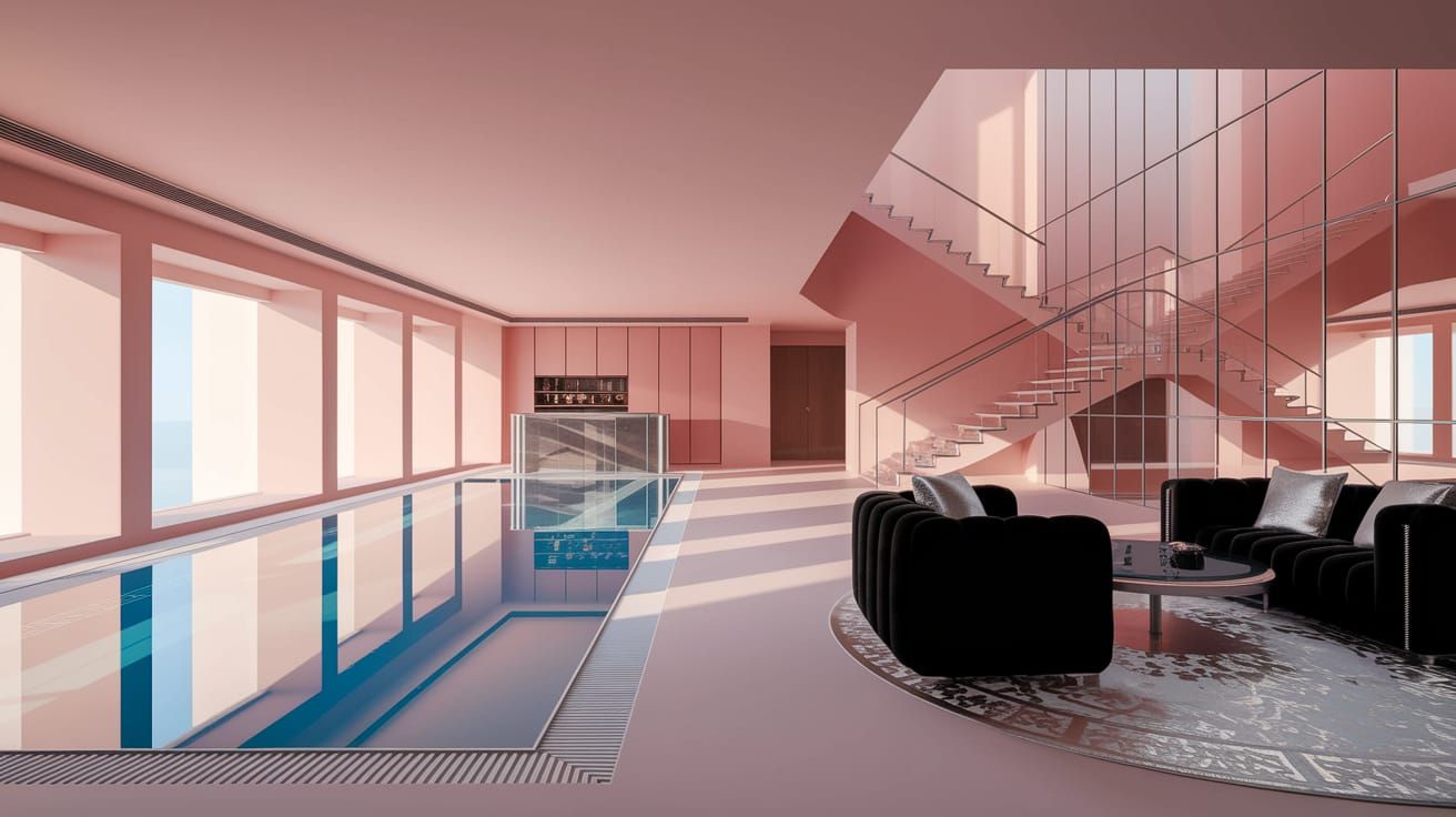 Luxury Space Age Living Room with Futuristic Pool and Bar