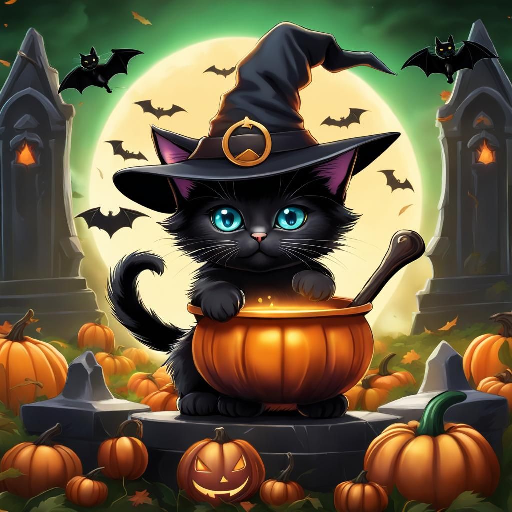 Digital Witchy Kitten Soars Over a Gothic Graveyard