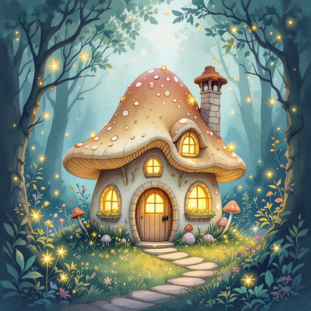 Enchanted Fairy Mushroom House in Watercolor Style