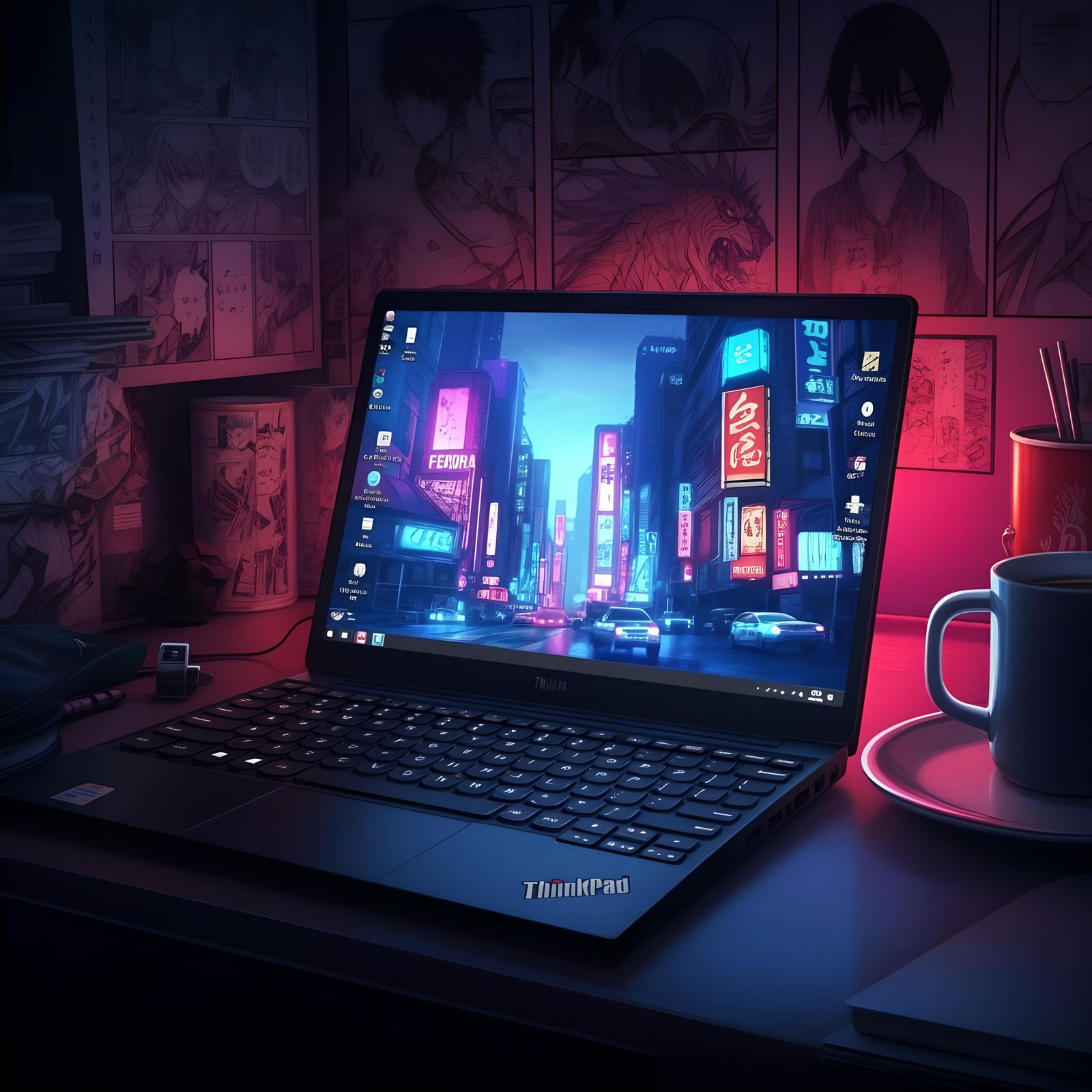 ThinkPad Workstation in Tokyo Night Manga Style