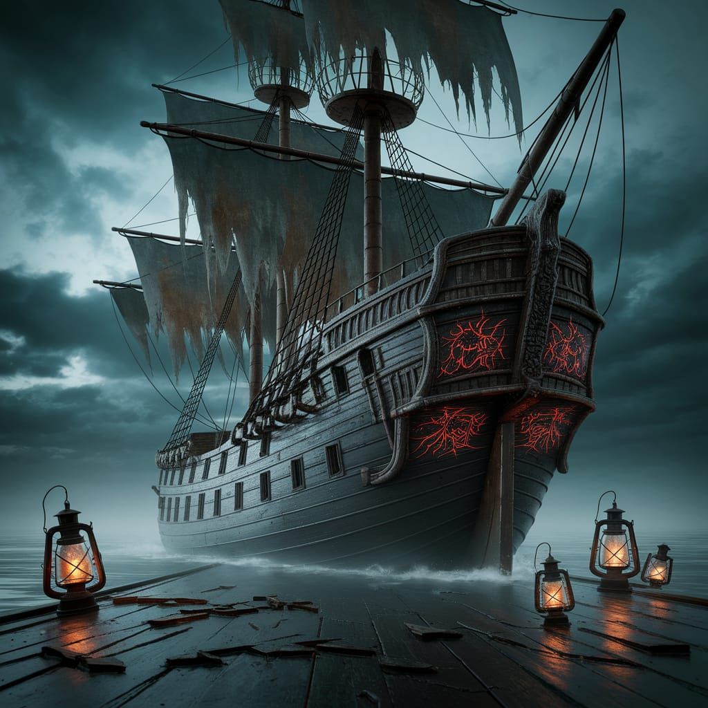Pirate Ship Drifts Through Haunting Stormy Weather