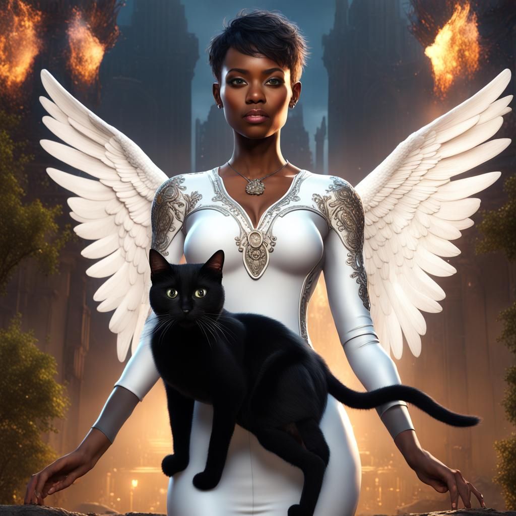 Powerful Earth Angel with Black Cat, Digital Art