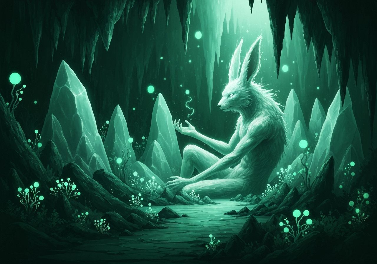 Ancient Deity Awakens in Bioluminescent Crystal Cavern