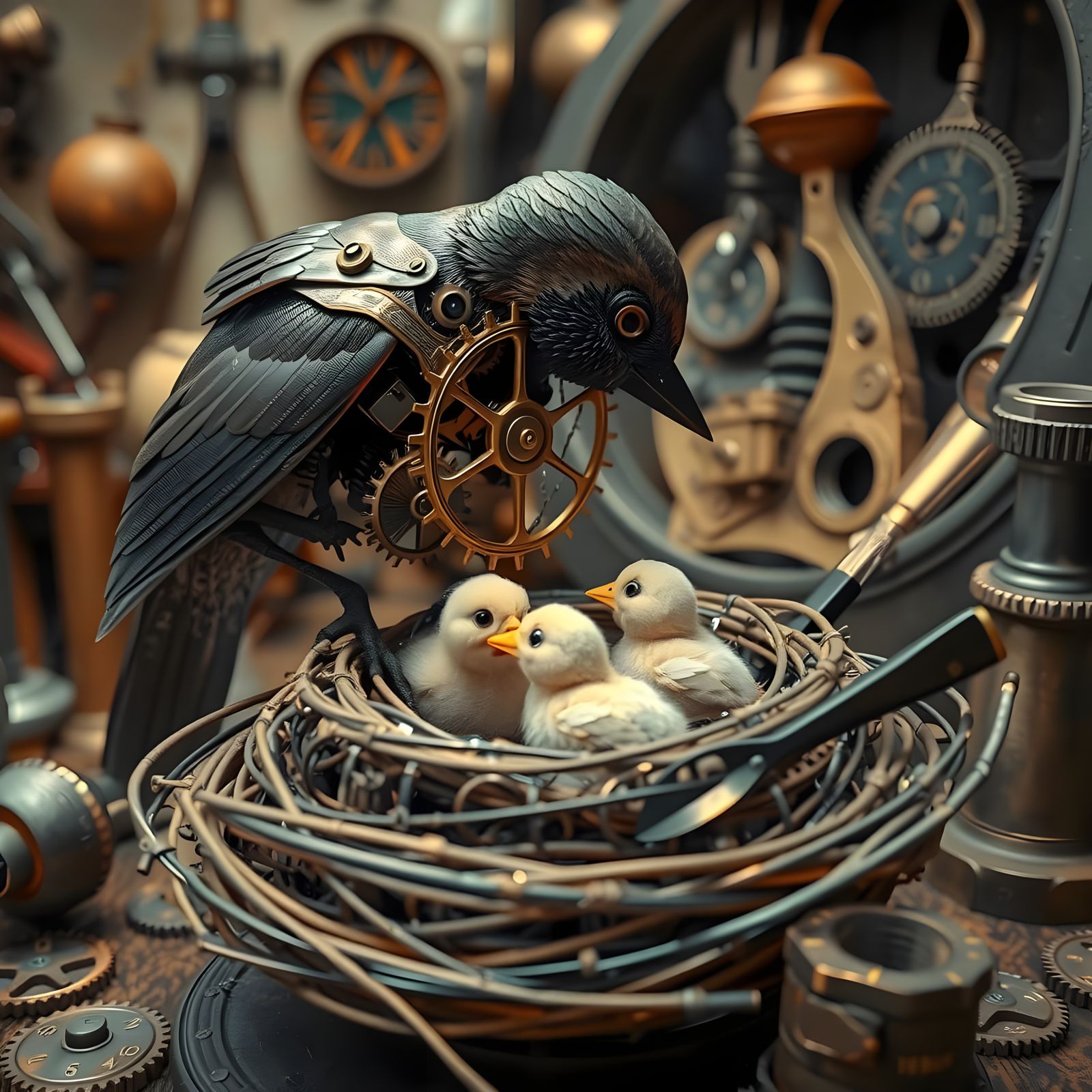Clockwork Mother Bird Tends to Whimsical Chicks in Steampunk...