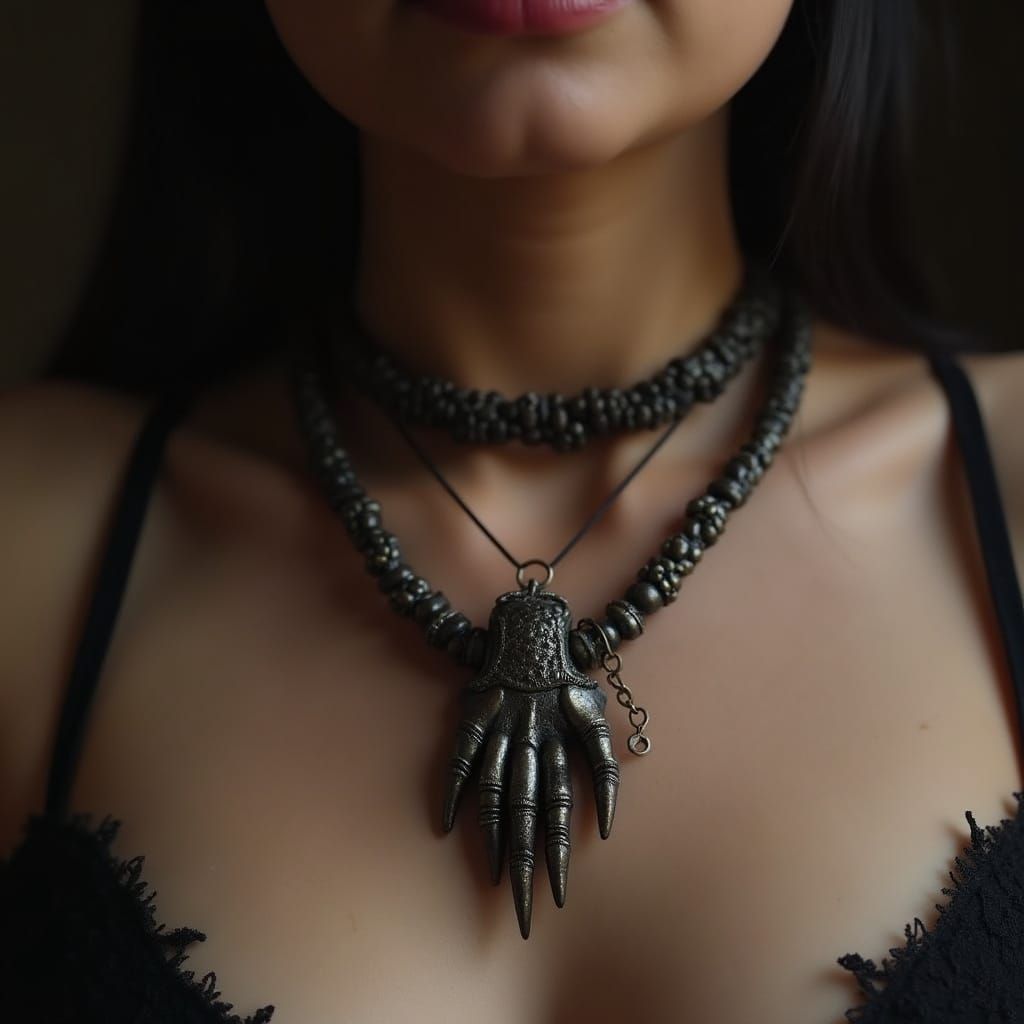 Cursed Monkey's Paw Necklace on Woman's Neck