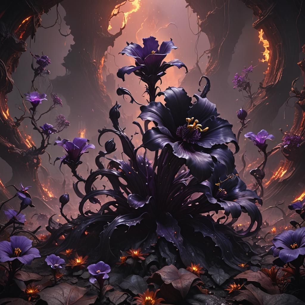 Giant Black Violet Flower in Hellscape