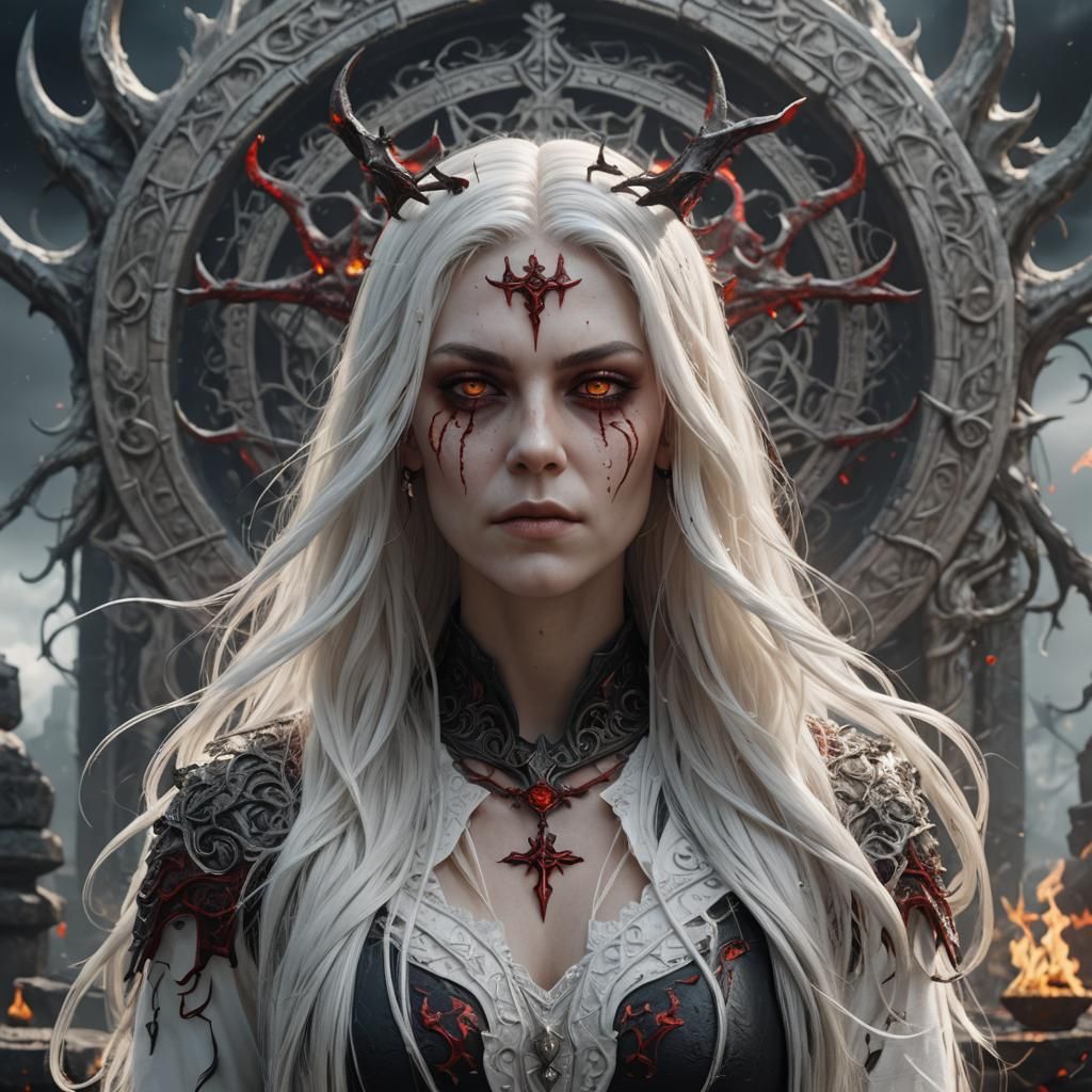 Woman with White Hair in Dark Fantasy Style