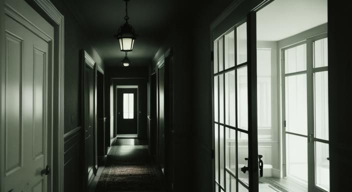 Suspenseful Nighttime Hallway Interior in Horror Movie Style