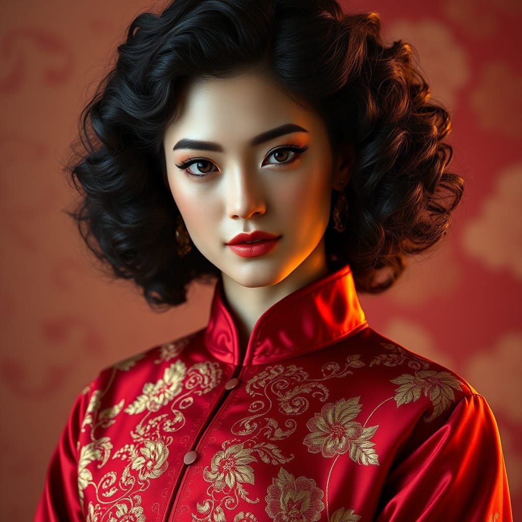 Elegant Oriental Beauty in Crimson Silk Coat