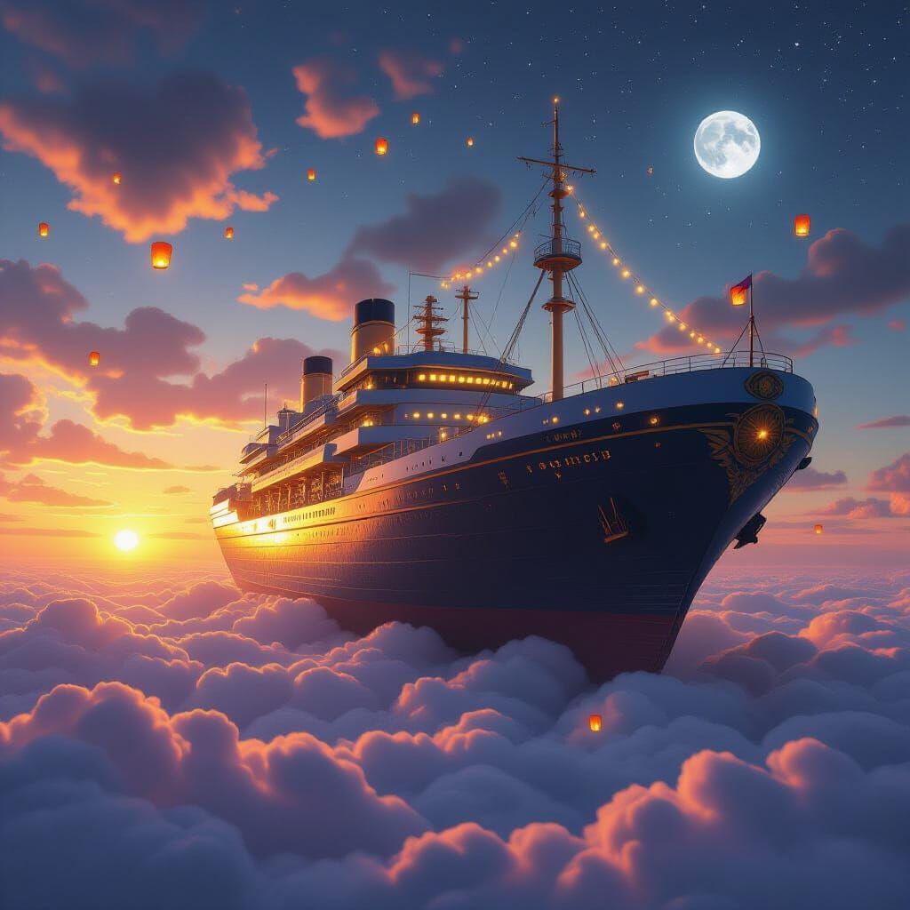 Massive Futuristic Ship on Clouds at Sunset