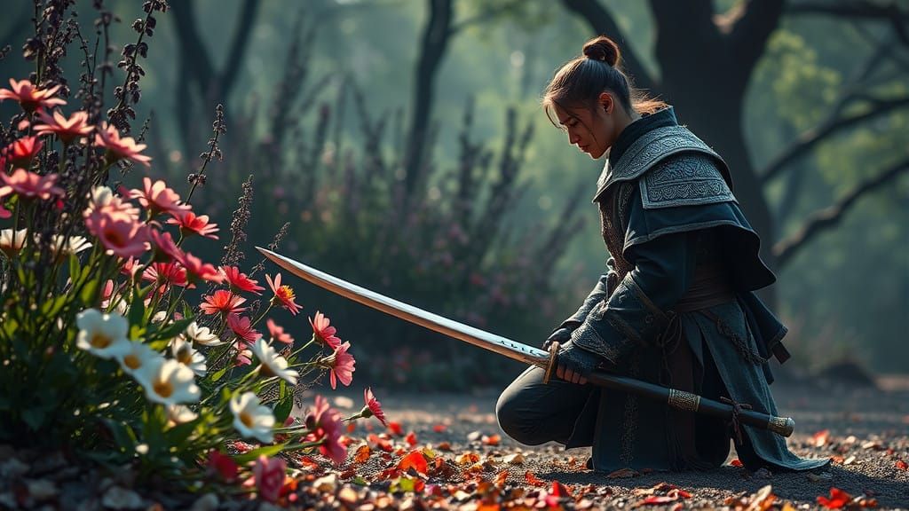 A Warrior Contemplates Beauty in a Moment of Serenity