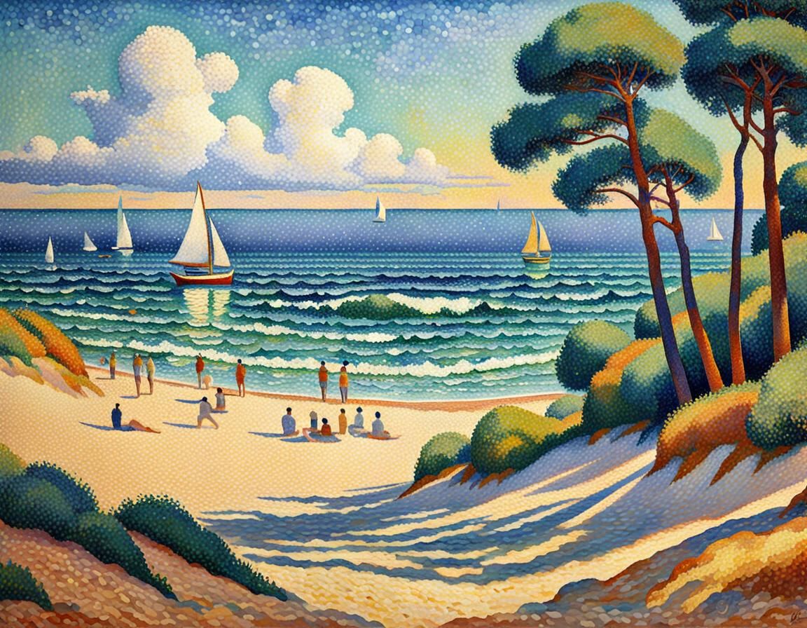 Impressionist Pointillism Beach Scene in Summer