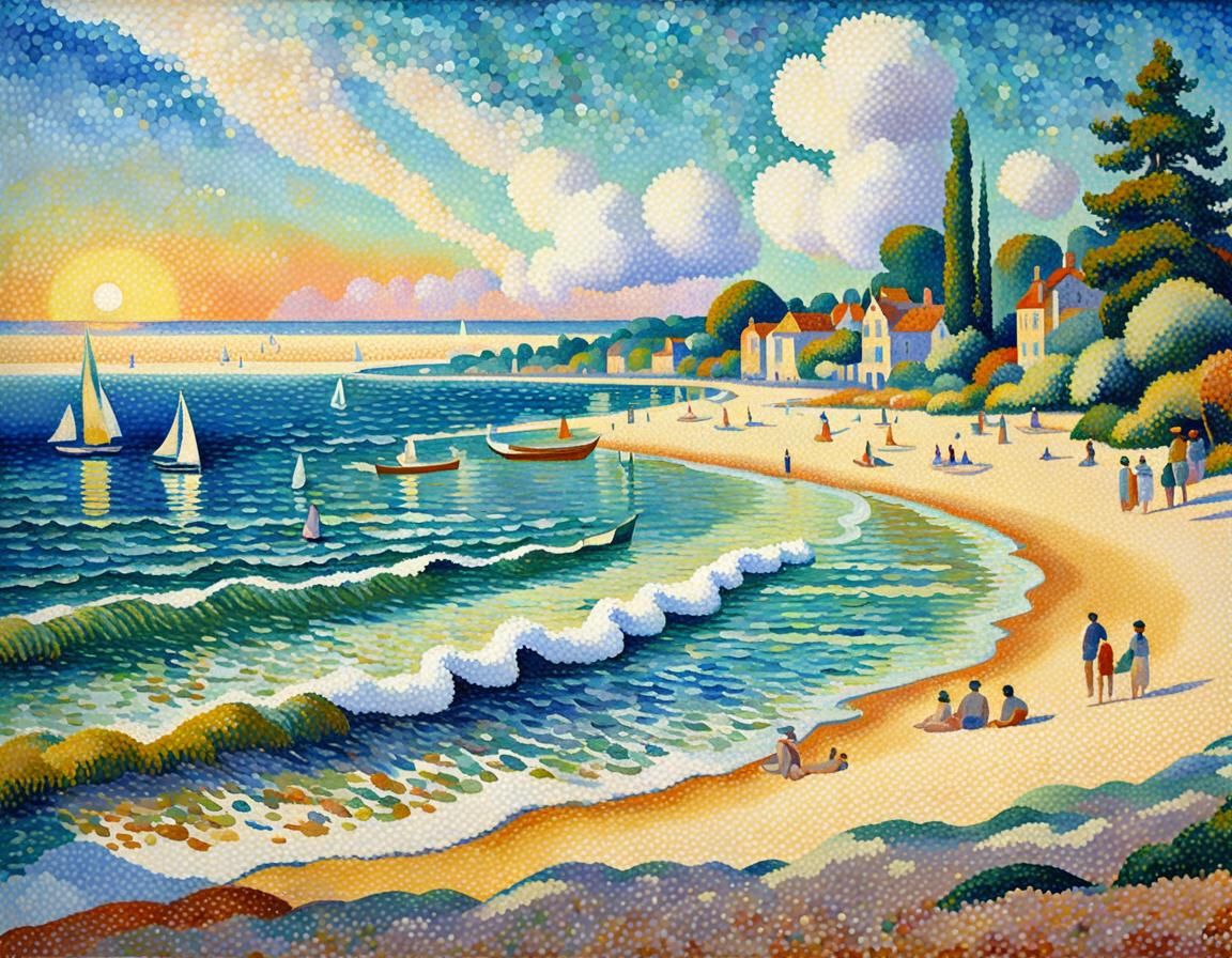 Impressionist Summer Beach Scene in Pointillism Style