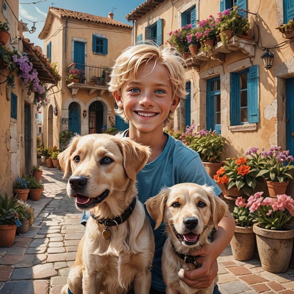 Boy and Dog Selfie in Mediterranean Setting