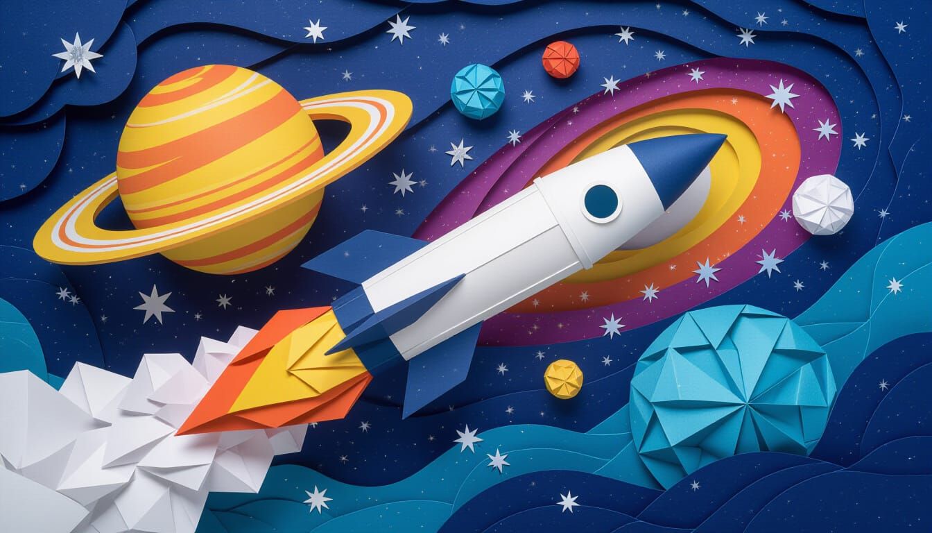 Futuristic Rocket Soars Through Paper Galaxy