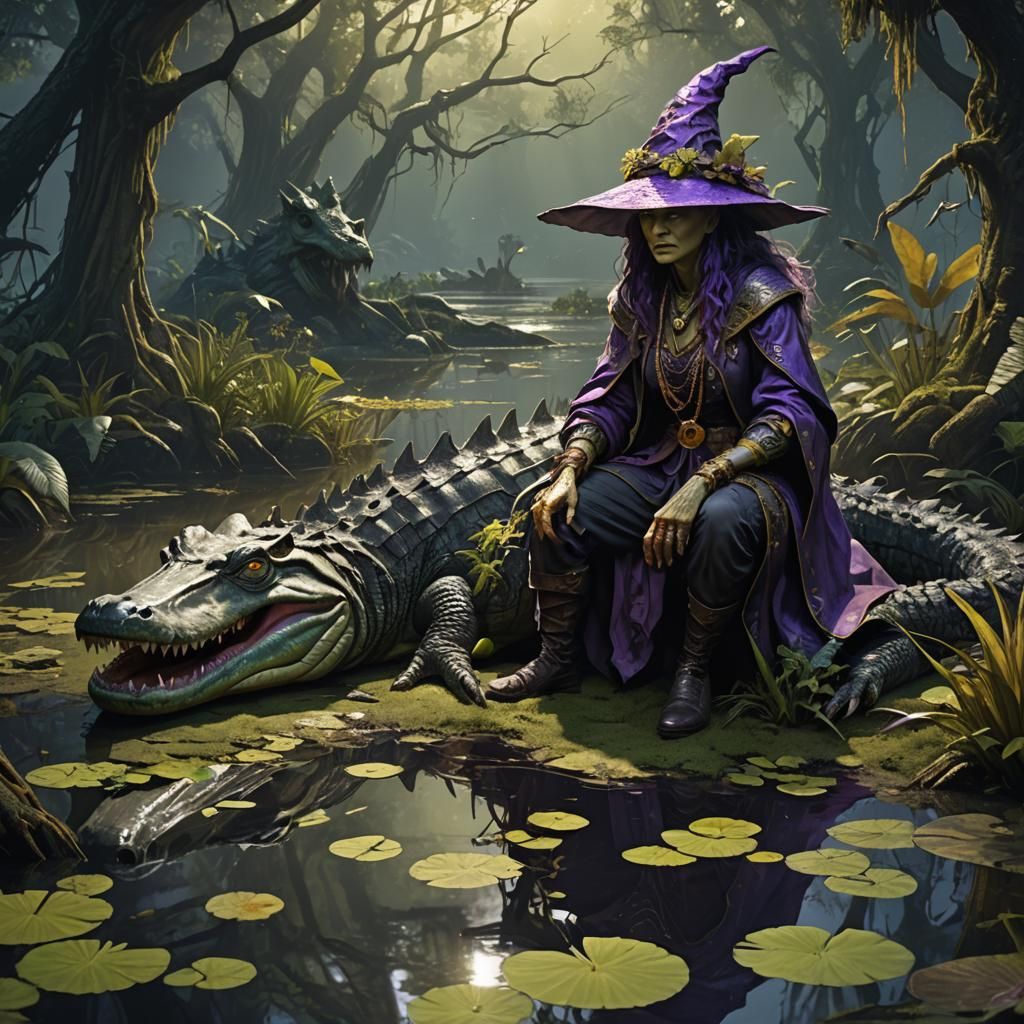 Swamp Witch and Alligator in Dark Fantasy Art