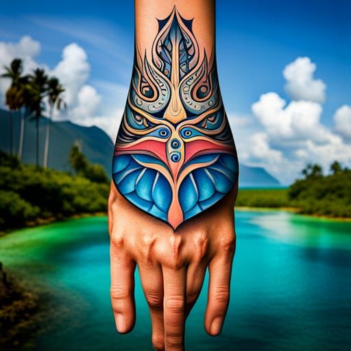 Tribal Stingray Tattoo on Goddess Hand in Tropical Landscape