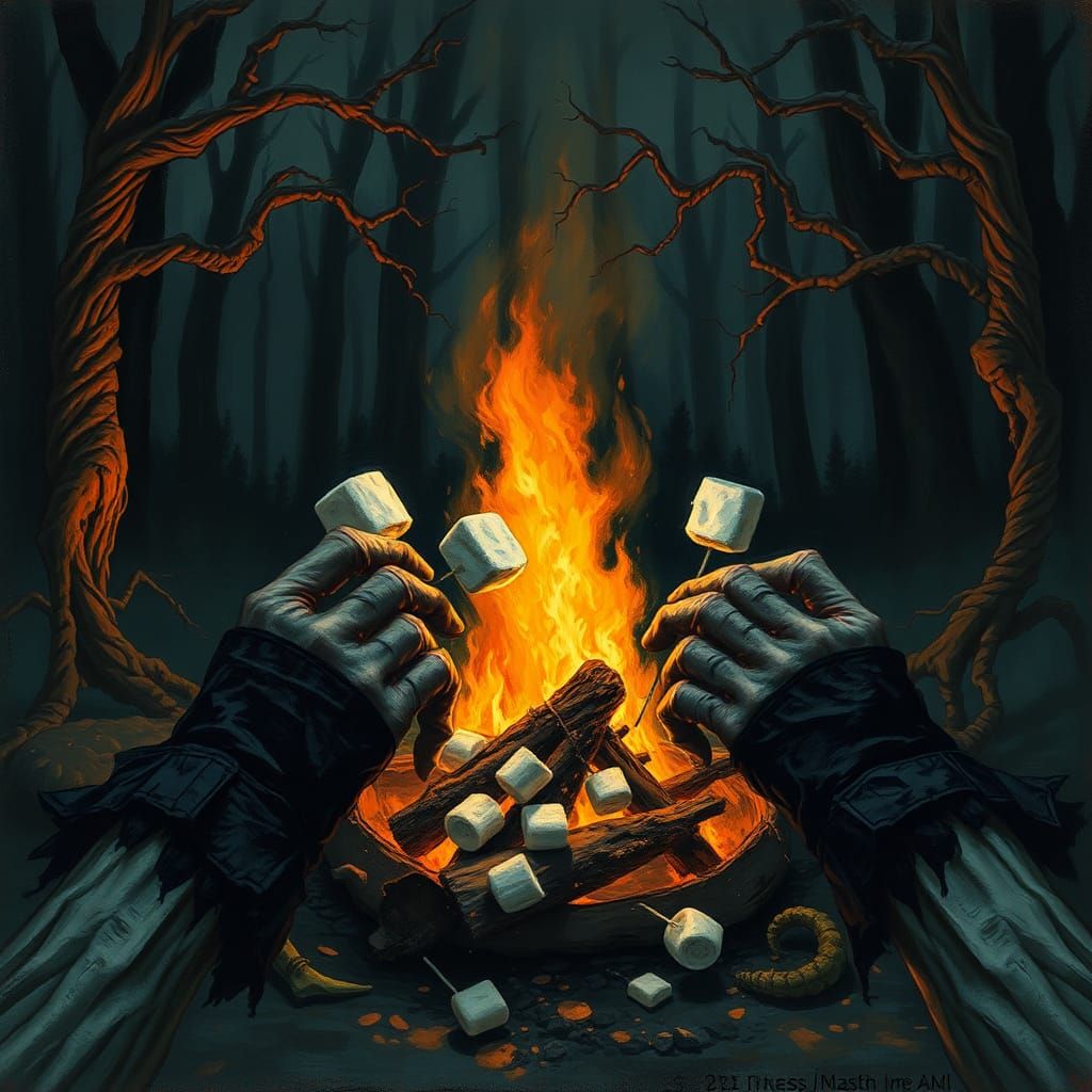 Creepy Hands Roasting Marshmallows in Dark Woods
