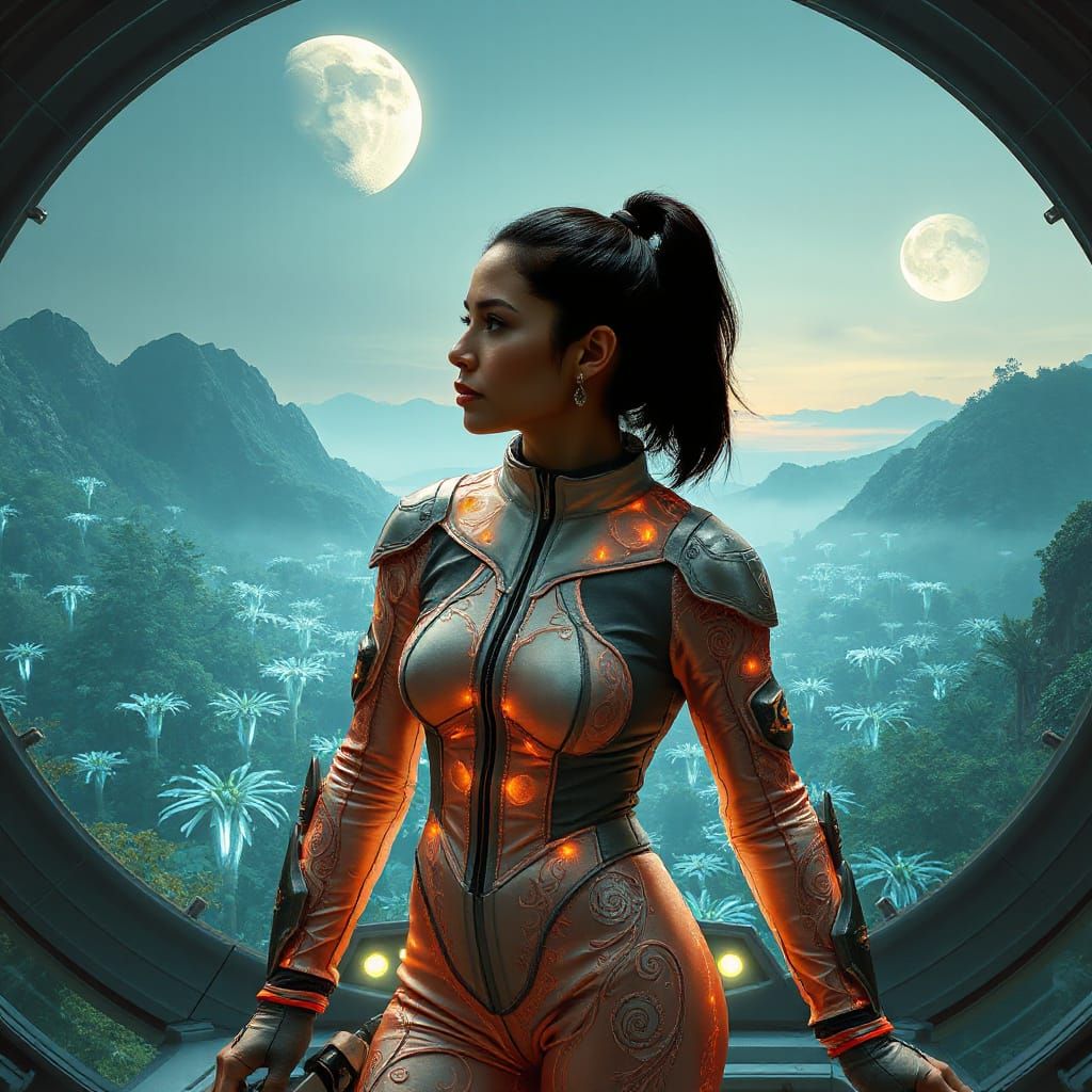 Latinx Space Explorer in Pearlescent Suit Contemplates Alien...