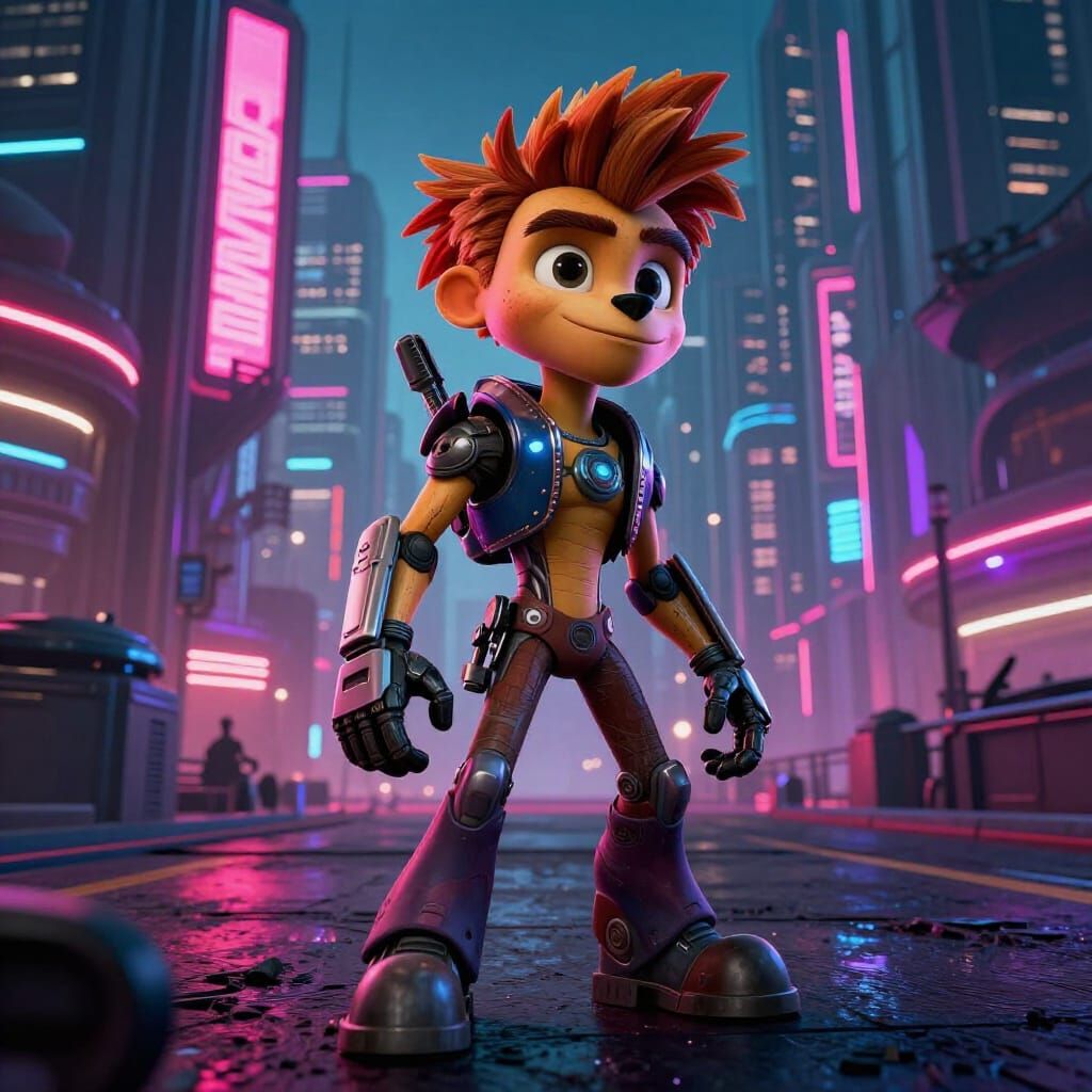 Ratchet and Clank in a Cyberpunk Cityscape