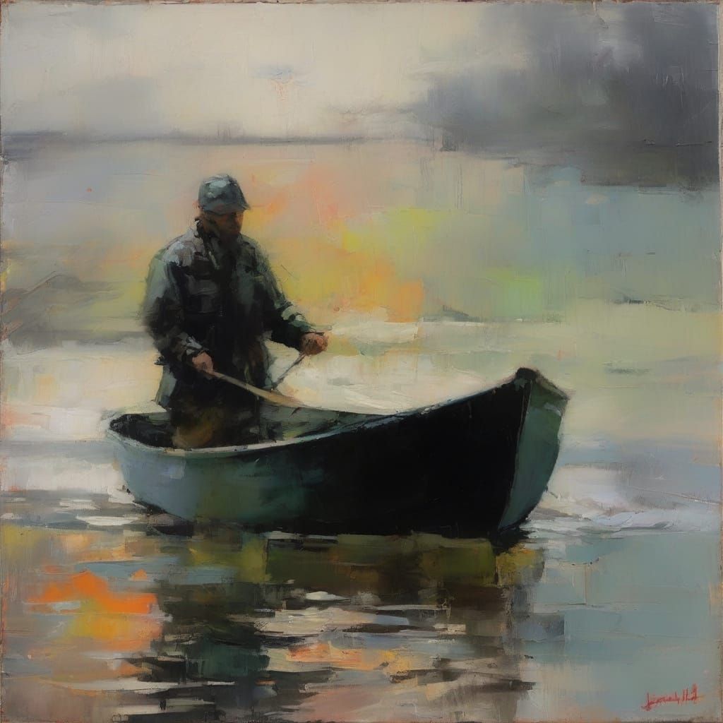 Fisherman in Encaustic Style with Acrylic Textures