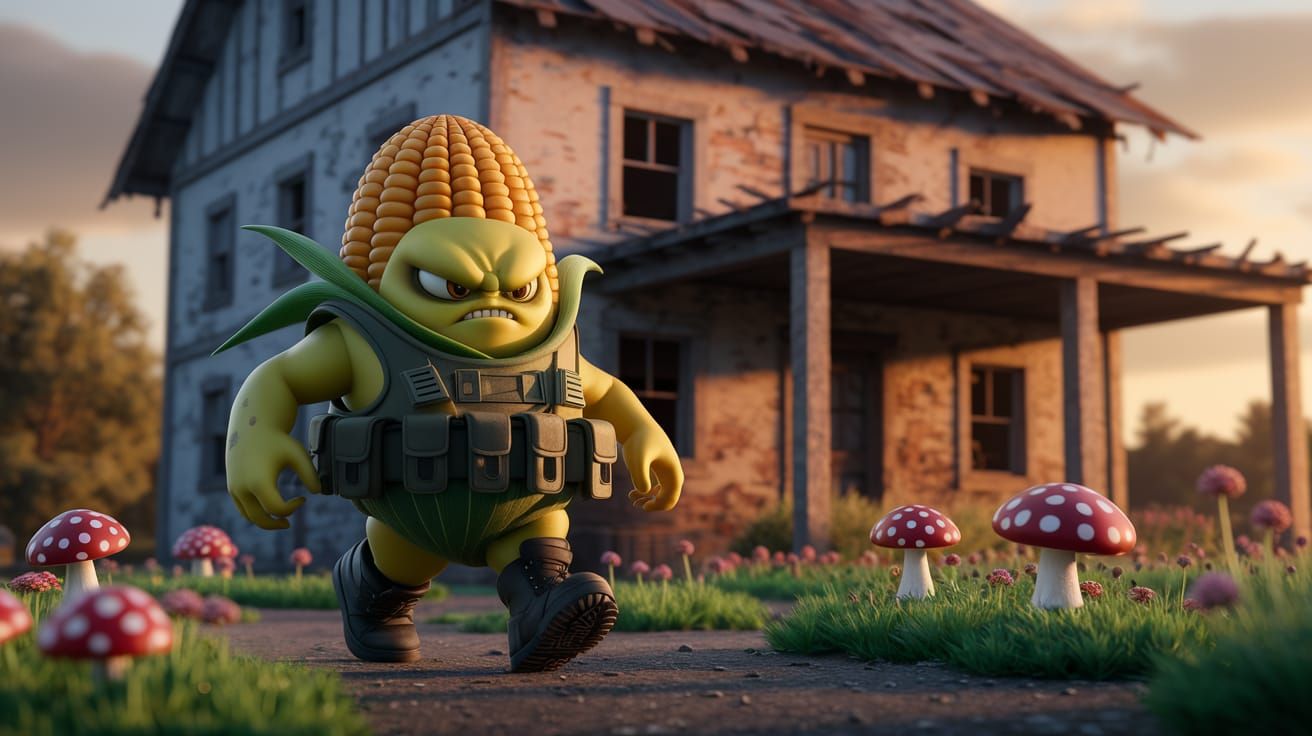 Menacing Corn Cob Warrior in Vibrant Garden Landscape