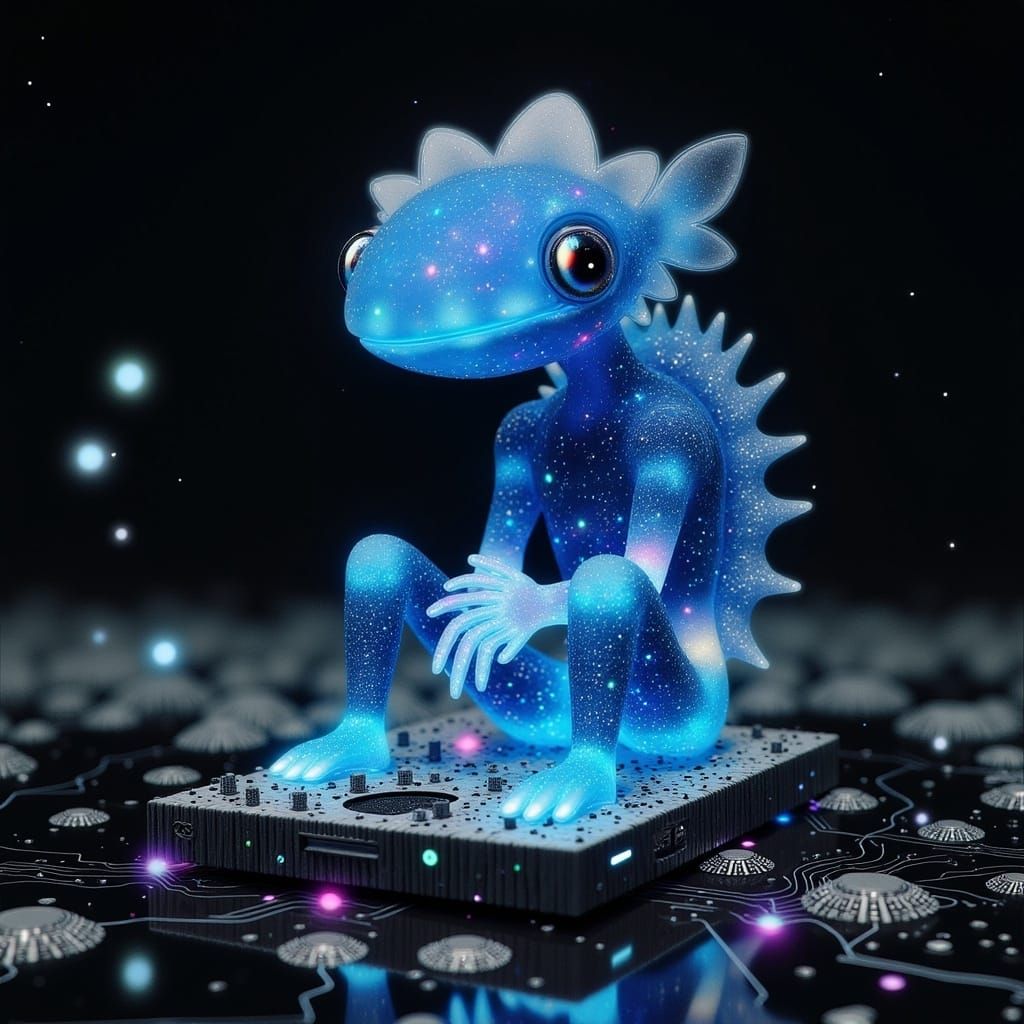 Cyberpunk Crystal Axolotl Robot on Circuit Board