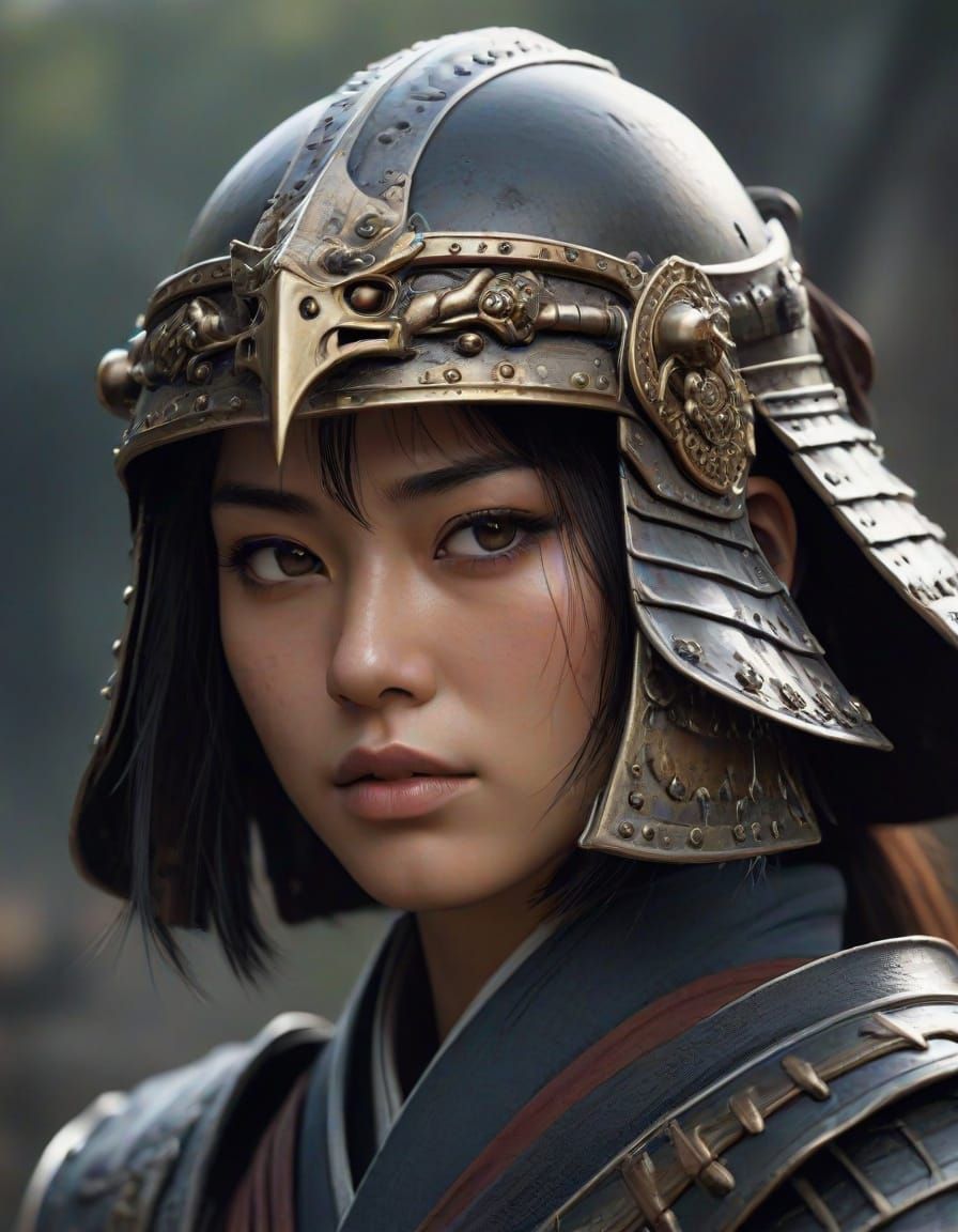 Female Samurai with Tetsubo Club in Realistic Anime Style