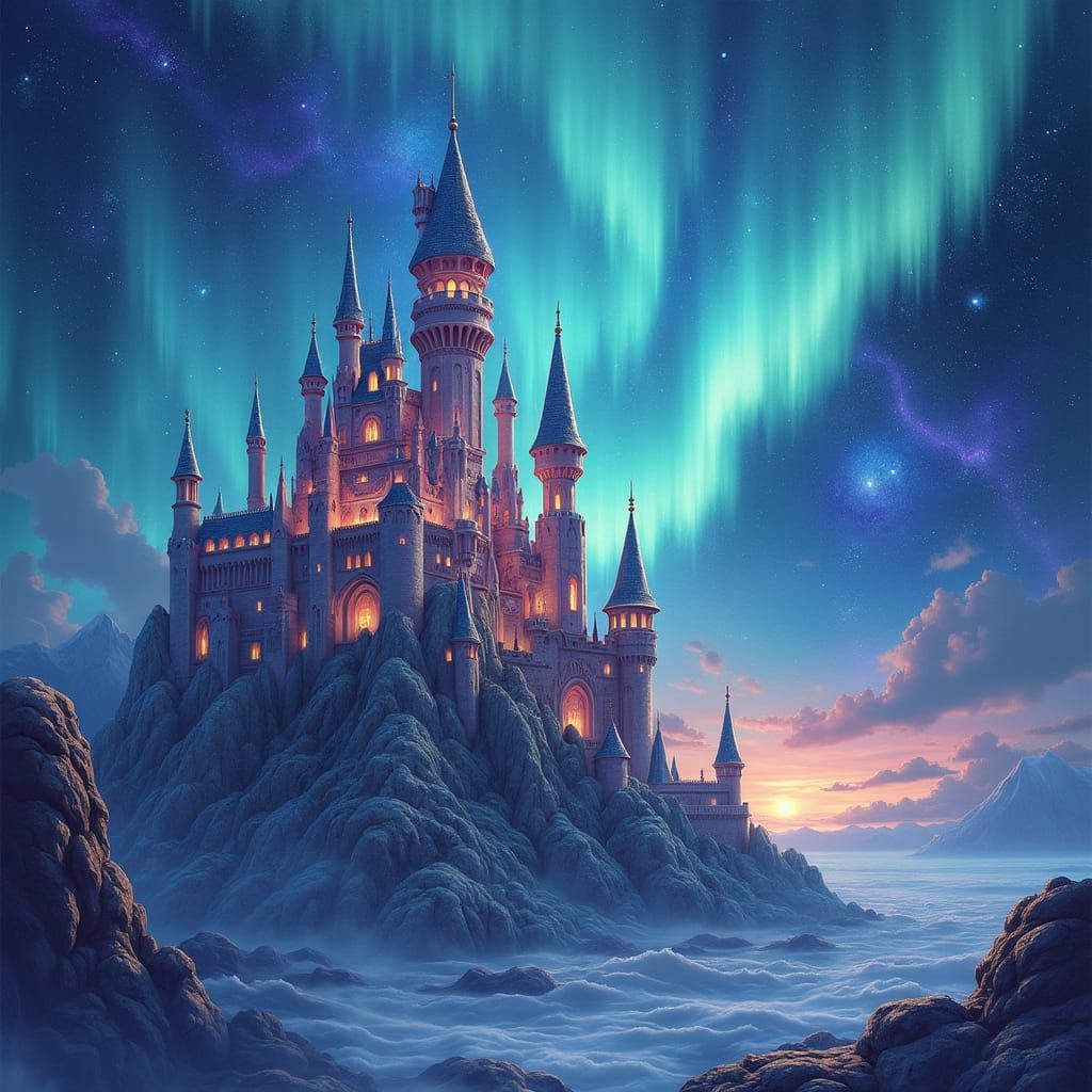 Cosmic Castle Under Aurora Lights in Mixed Media Style
