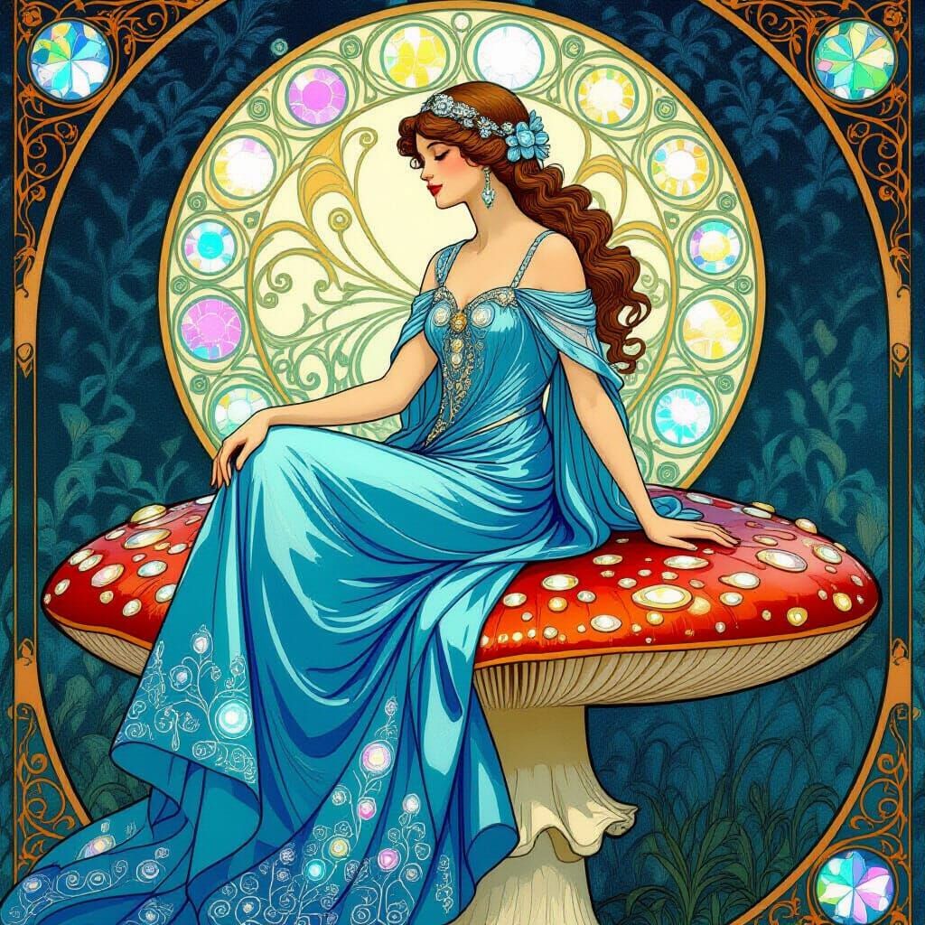Girl on Mushroom in Jugendstil Art Nouveau Style
