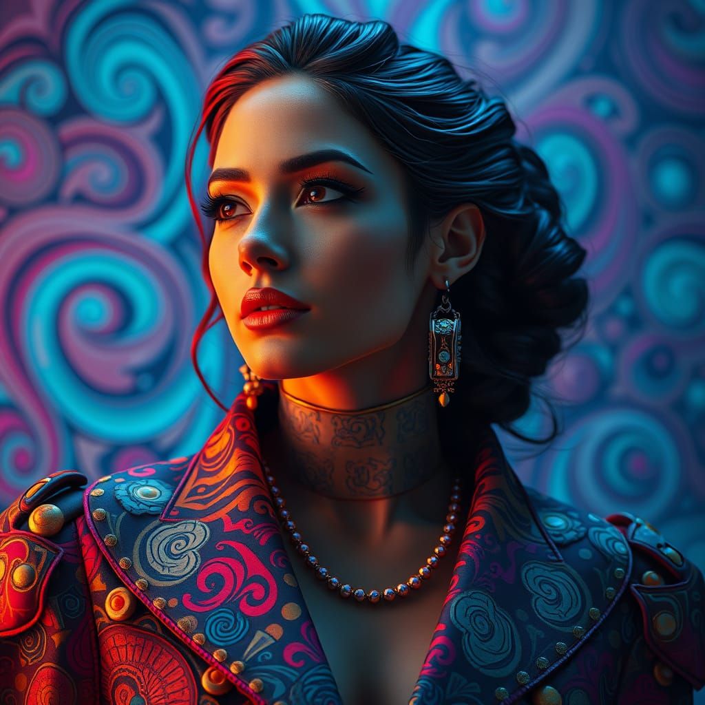 Futuristic Woman with Neon Jewelry in Hyperrealistic Style