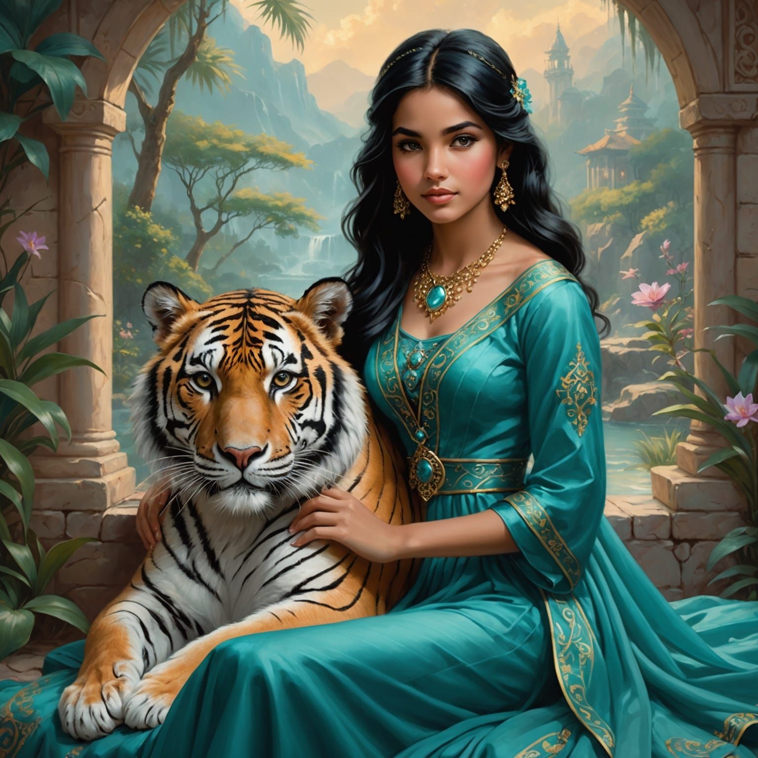 Arabian Girl with Tiger in Ethereal Fantasy Style