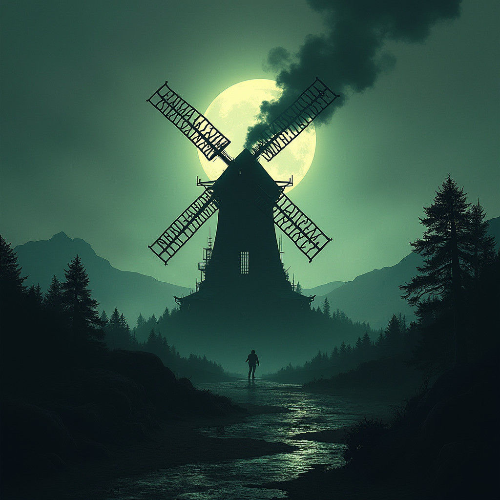 Haunting Book Cover: Twisted Windmill in Dark Fantasy Style
