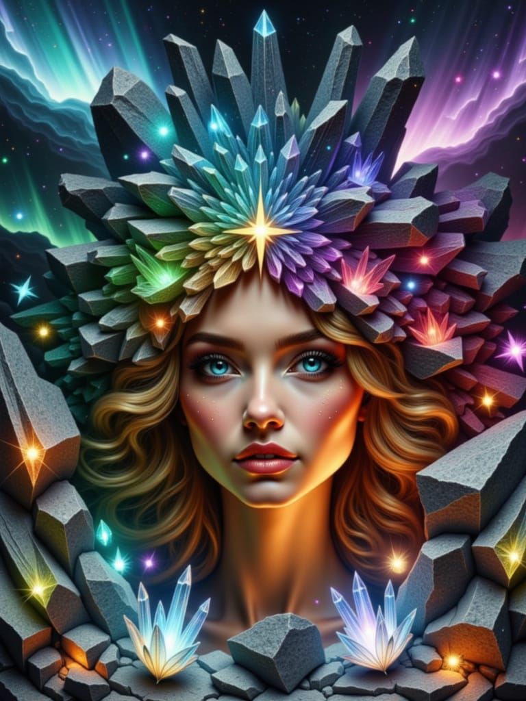 Crystalline Woman: Hyperrealistic Aurora Dreamscape