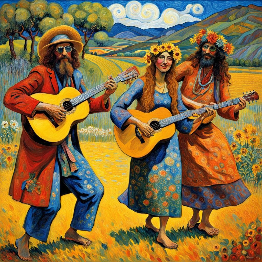 Hippies Dancing in Gauguin Oil Painting Style