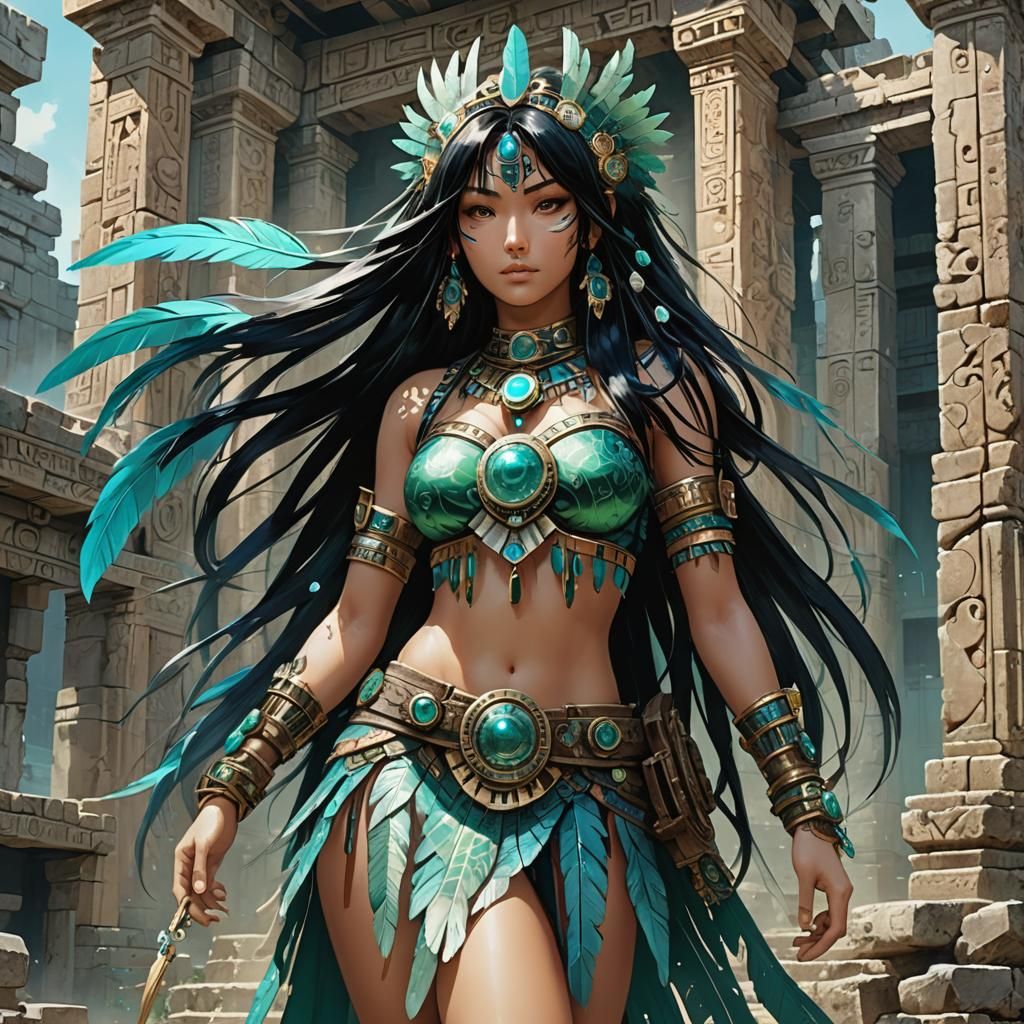 Aztec Girl in Sci-Fi Ruins with Turquoise Feathers