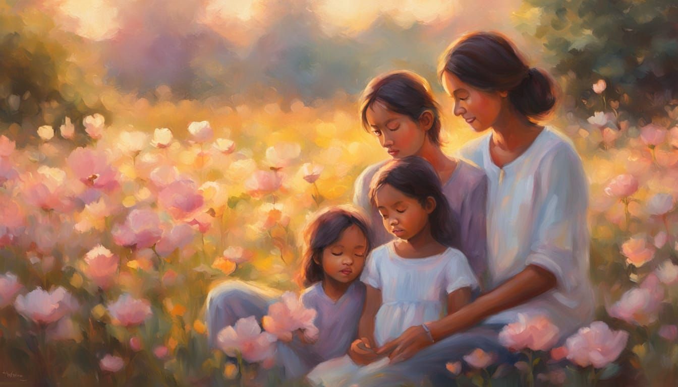 Family in Serene Kenyan Garden Sunrise