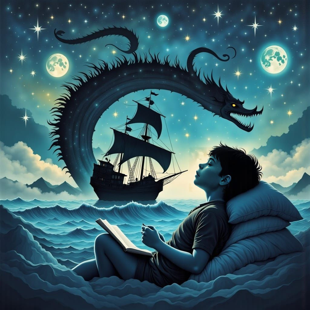 Boy Reading: Double Exposure Pirate Ship Illustration