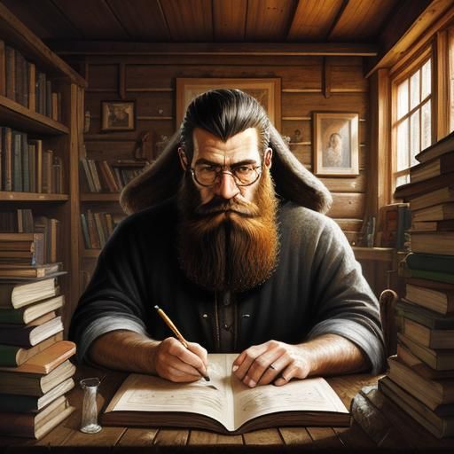 Portrait of a ghostwriter, beard made of books, in a cabin, ...