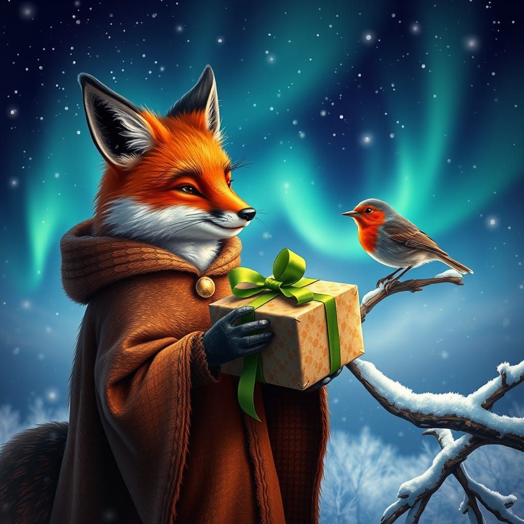 Whimsical Fox Presents Gift to Curious Robin in Enchanted Wi...