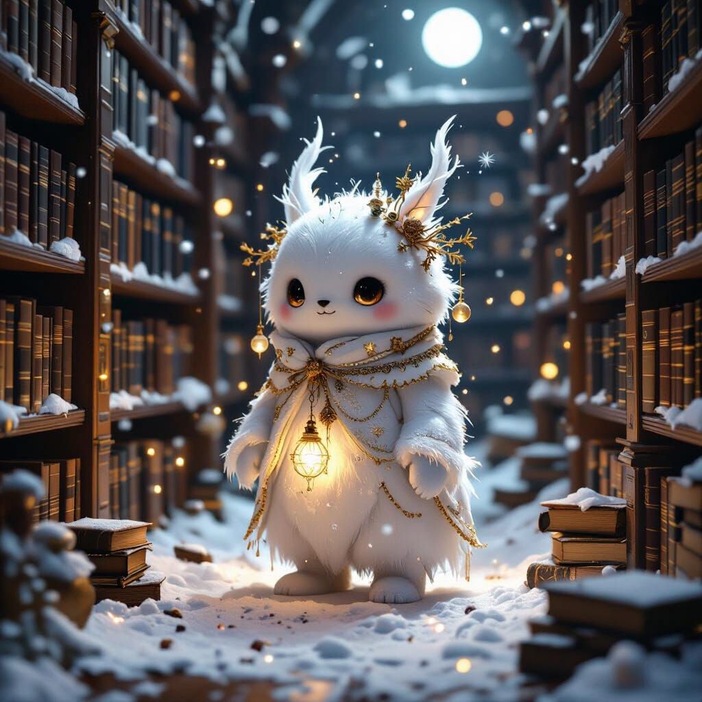 Snow Creature in Moonlit Library with Celestial Ornaments