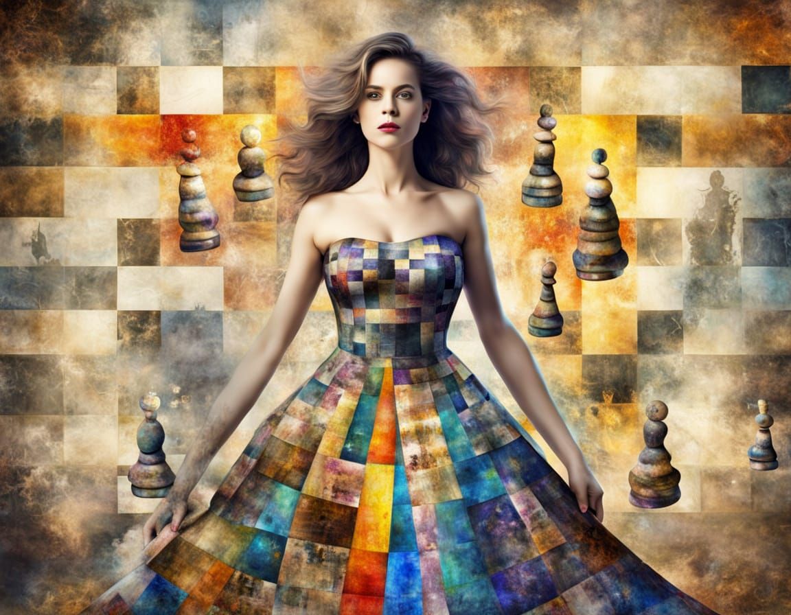Whimsical Woman in Chess Skirt Amid Floating Pieces