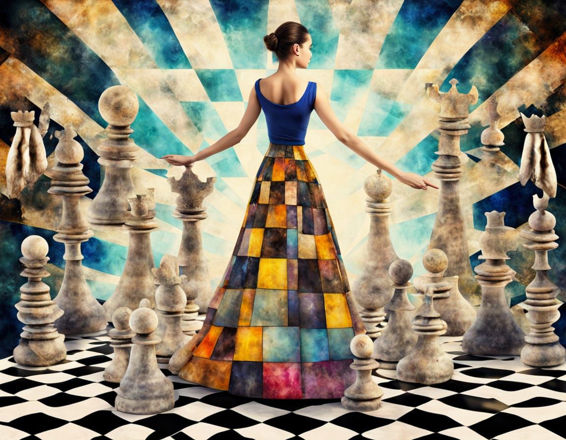 Whimsical Woman in Chess Skirt with Floating Pieces