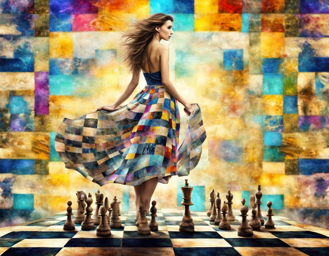 Whimsical Woman in Chess Skirt with Floating Pieces