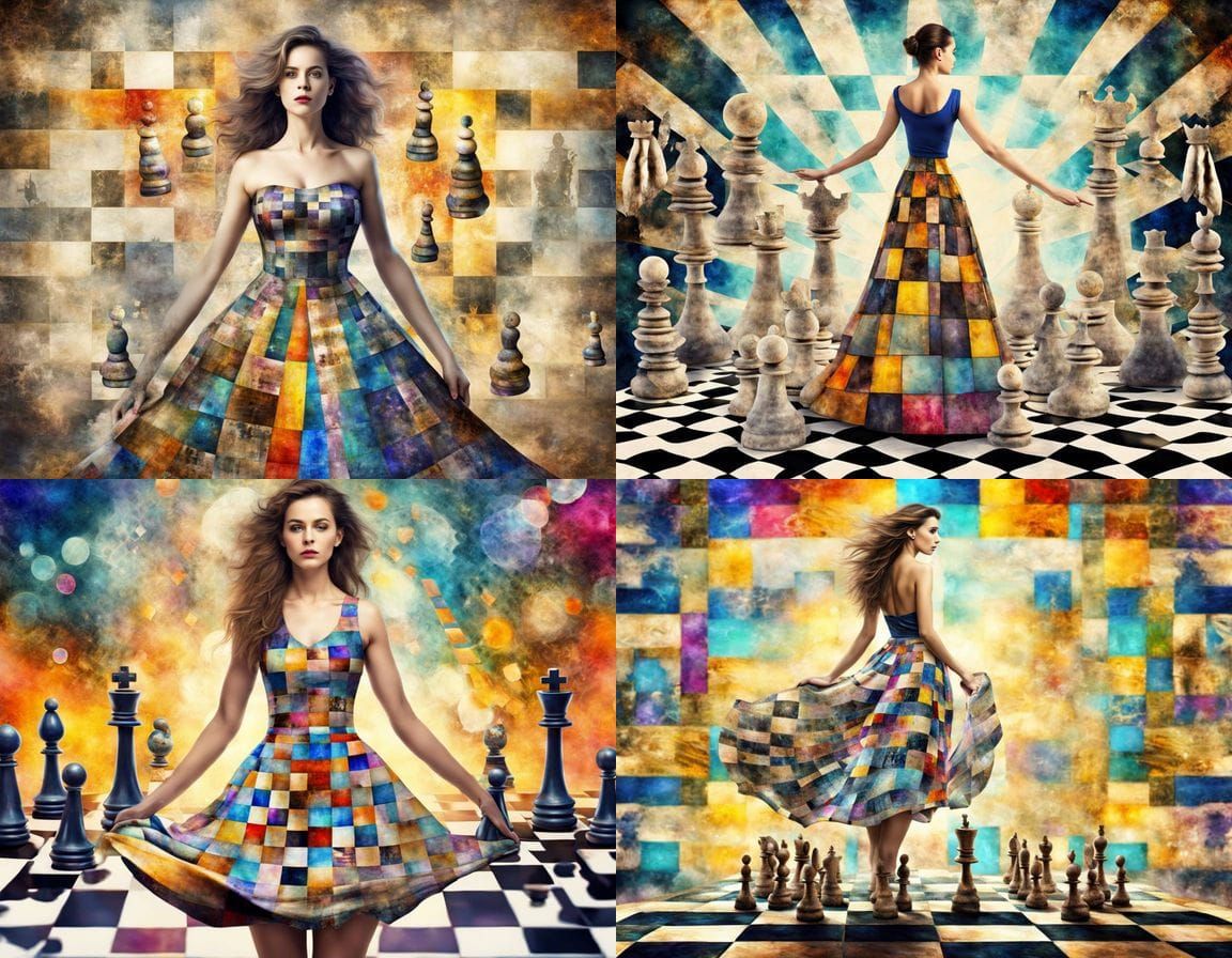 Dreamy Woman in Chess Skirt with Floating Pieces