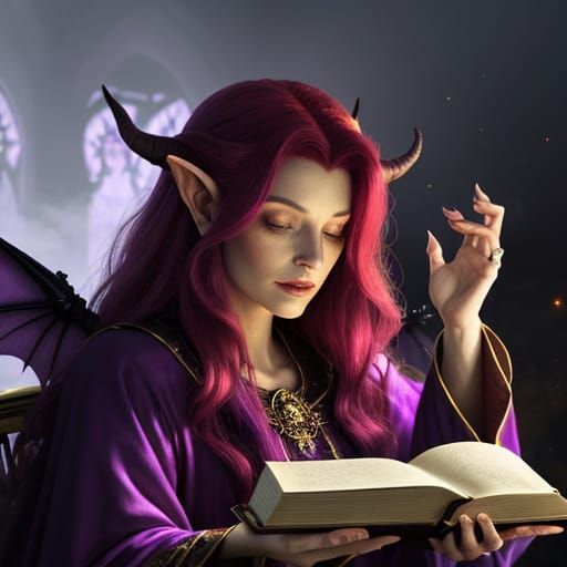 Tiefling Sorceress Portrait in Ethereal Fantasy Style