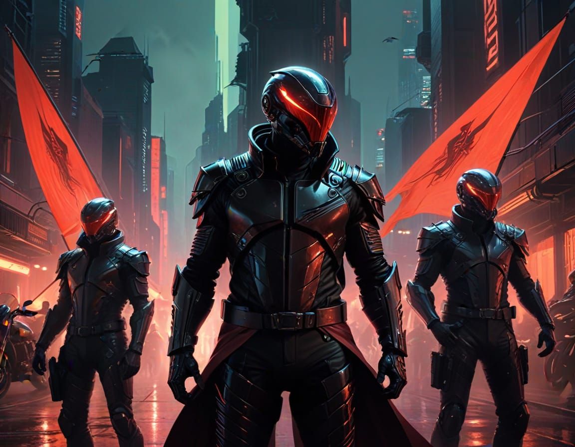 Futuristic Gangster Bikers in Horned Helmets Guarding Leader...