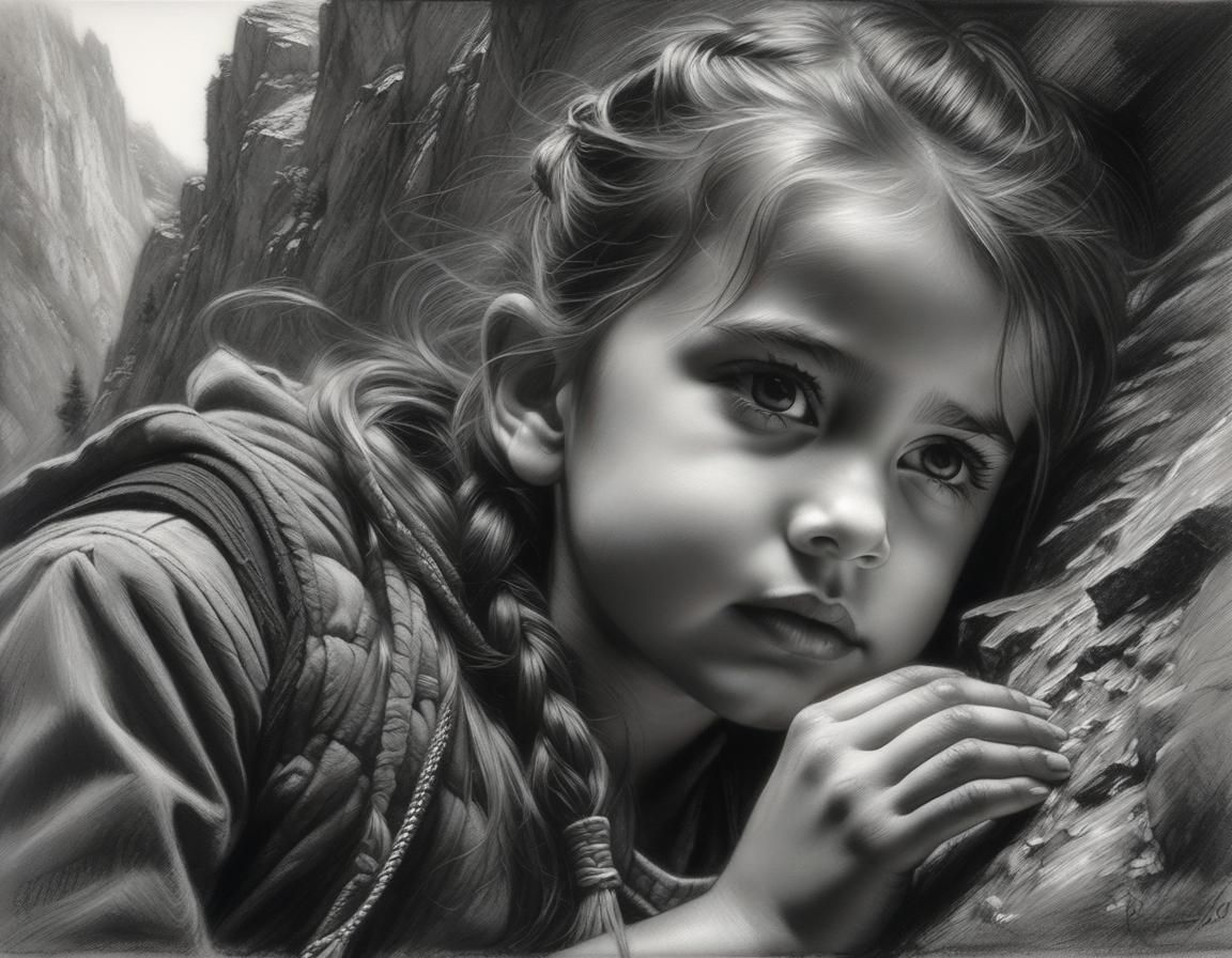 Young Woman and Girl Climbing, Grayscale Charcoal Portrait