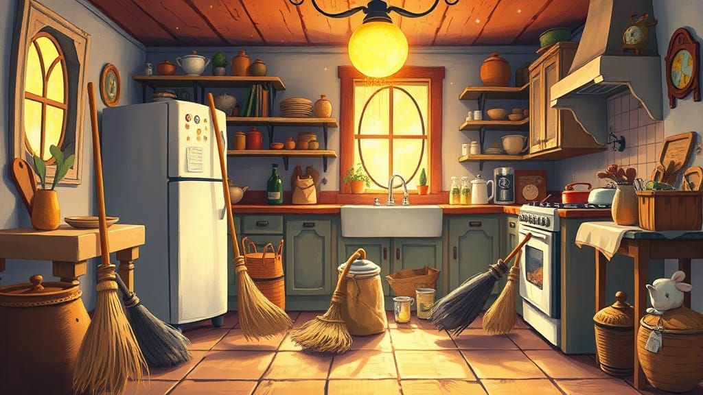 Enchanted Brooms Dance in Cozy Kitchen, Vintage Storybook St...
