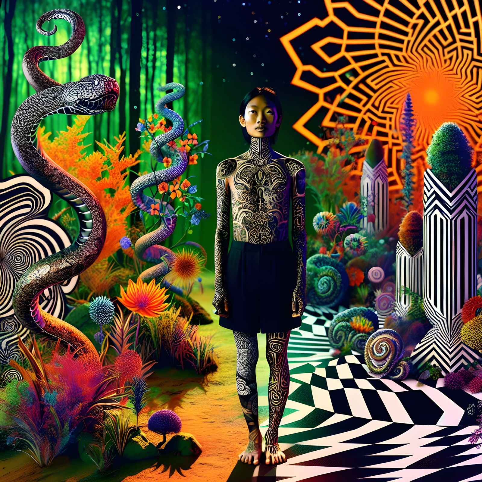 Psychedelic South Asian Woman with Op-Art Tattoos